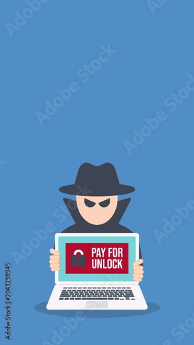 Ransomware Cyber Attack Concept – Hacker Demanding Payment to Unlock Laptop, Malware Cybercrime, Data Encryption Extortion, Cybersecurity Threat