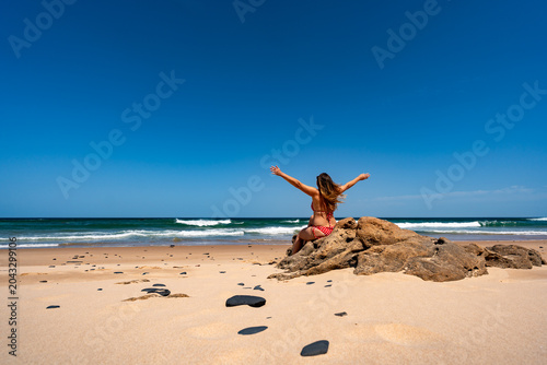 Beautiful middle-aged woman with outstretched arms sitting on rock on sandy beach on sunny summer day. Back view	
