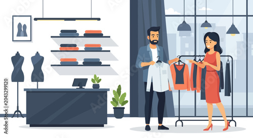 Man and woman shopping for clothes in a modern boutique, fashion retail concept