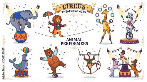 Canvas Print Circus Animal Performers: Elephant, Lion, Giraffe, Zebra, Bear, Monkey, Seal, Do