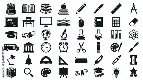 фотографія Education and School Supplies Icons Set: Learning, Study, Knowledge, Office, Art