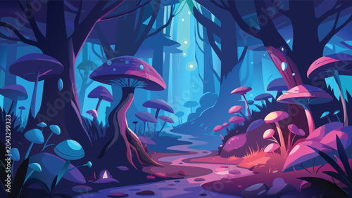 Konstfotografi Enchanted forest path with glowing mushrooms under a mystical moonlit sky vector