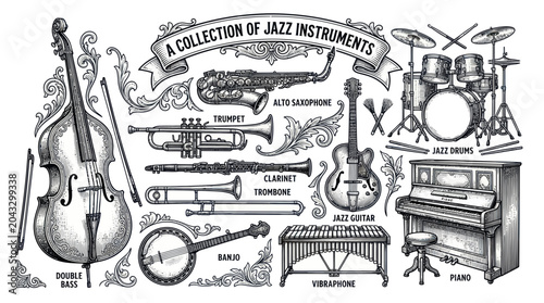Fotografie Vintage Jazz Instruments Collection: Double Bass, Trumpet, Saxophone, Guitar, Dr
