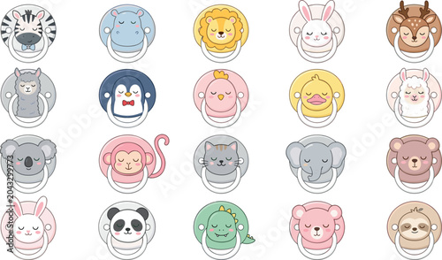 Photography Cute baby pacifier sticker bundle with kawaii cartoon animal faces including lio