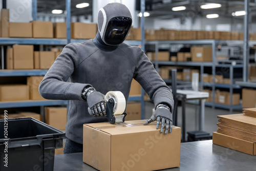 Humanoid robot sealing cardboard box in warehouse