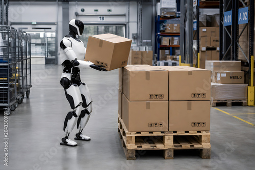 Humanoid robot stacking boxes on warehouse pallet