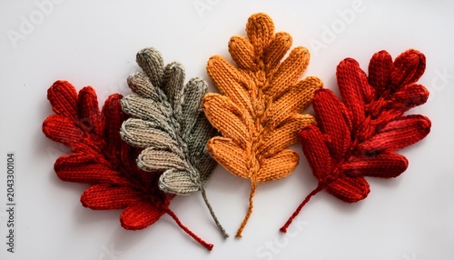Autumnal Knitted Oak Leaves On A White Background