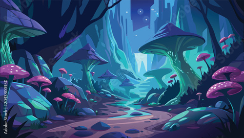 Bild auf Leinwand Enchanted forest with giant bioluminescent mushrooms under a starry night sky di