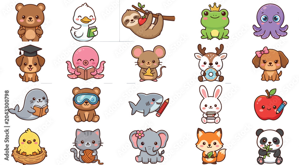 Fototapeta premium Cute animal sticker bundle with kawaii cartoon characters including bear, rabbit, panda, frog, elephant, fox, and puppy for kids decoration and design elements