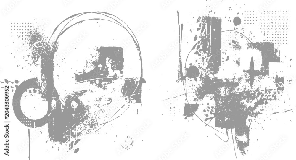 Obraz premium Abstract grey paint splatters and distressed textures with circular and linear on white background