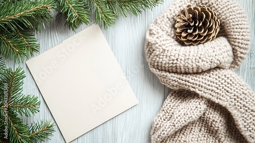 Christmas Card with a cozy scarf on the right side and a writing space area on the left side for holiday greetings