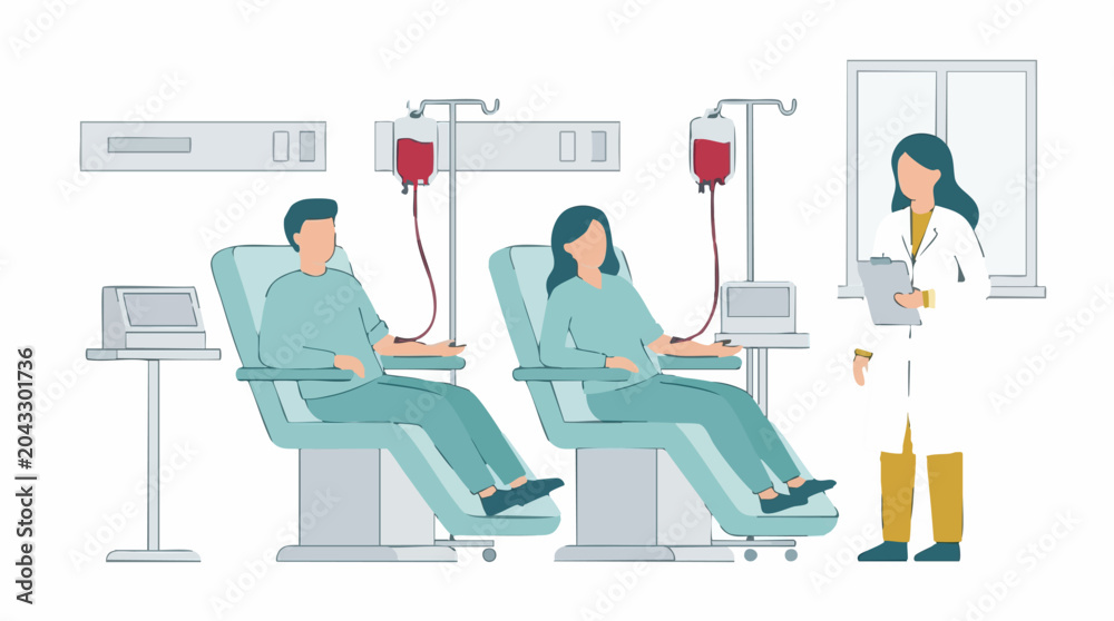Fototapeta premium Illustration of blood donation or intravenous therapy with patients and doctor