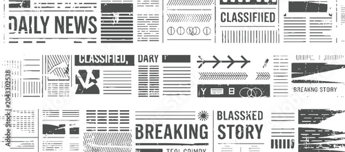 Distressed newspaper clippings with headlines and abstract classified breaking story
