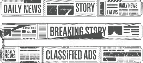 Three vintage newspaper ticket style with text daily news story classified ads and breaking story