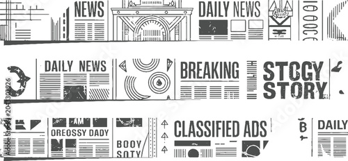 Newspaper headlines and classified ads in a distressed style breaking