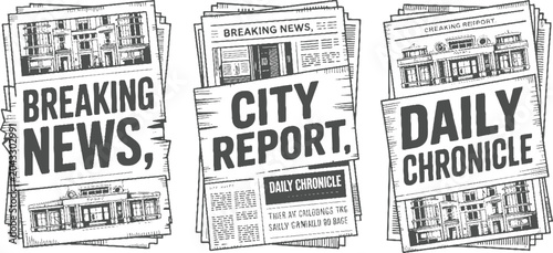 Fotografi Three stacked newspapers with headlines breaking news city report and daily chro