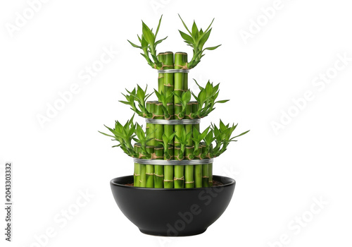 Lucky bamboo plant in a black ceramic bowl isolated on transparent background
