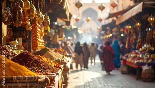 Bustling Moroccan Spice Market with Colorful Goods and Shoppers.