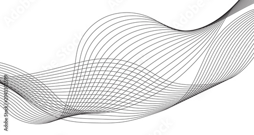 Minimalist abstract wave background with flowing black lines. Elegant curved line art pattern on white. Modern geometric ribbon design for corporate branding and digital presentation slides.