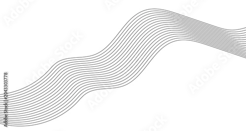 Minimalist grey wave line art on white background, abstract flowing curved lines pattern, elegant geometric ribbon design for corporate branding and modern presentation slides