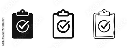 Checklist clipboard icon set in solid, outline, and sketch styles representing task completion and survey results