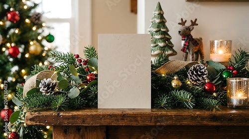 Blank Christmas card mockup on rustic wooden mantle with festive decor