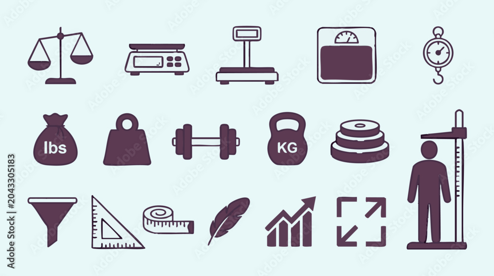 Fototapeta premium Measurement and Weight Line Icons Set: Scales, Weights, and Measuring Tools