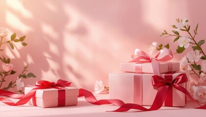 Elegant Mother’s Day Pink Background with Gift Boxes, Red Ribbon and Floral Decoration

