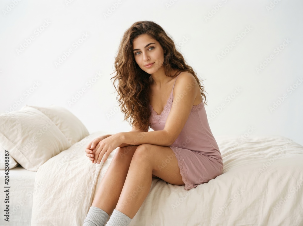 Obraz premium Young woman sitting on bed in pink nightgown and socks