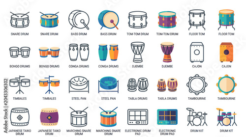Foto Collection of Diverse Percussion Instruments, Drums and Rhythm Tools