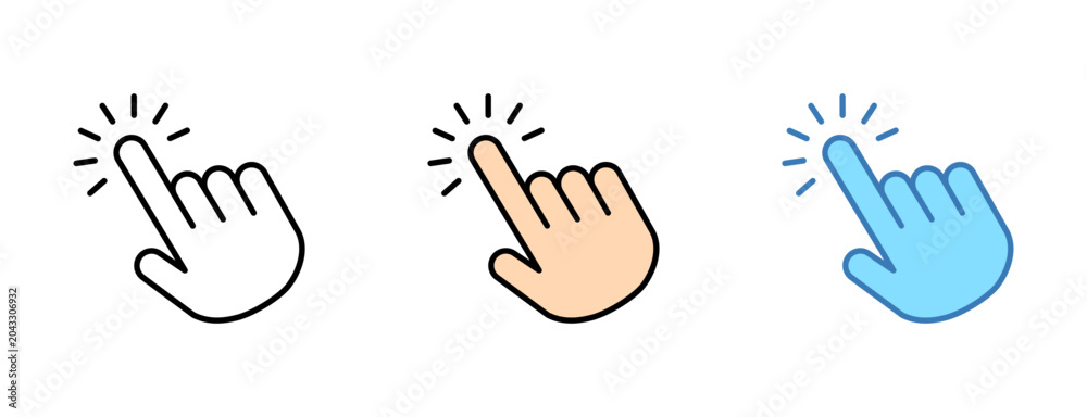 Fototapeta premium hand click cursor icon set. hand cursor clicking icon button pack in outline skin tone and blue highlight color variations