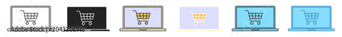 ecommerce laptop icon set. laptop with online shopping cart display icon set in multiple digital colors and dark mode variants