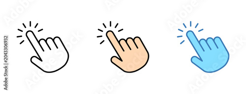 hand click cursor icon set. hand cursor clicking icon button pack in outline skin tone and blue highlight color variations
