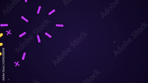 Seamlessly looping animation of abstract colorful geometric shapes and starbursts on dark background