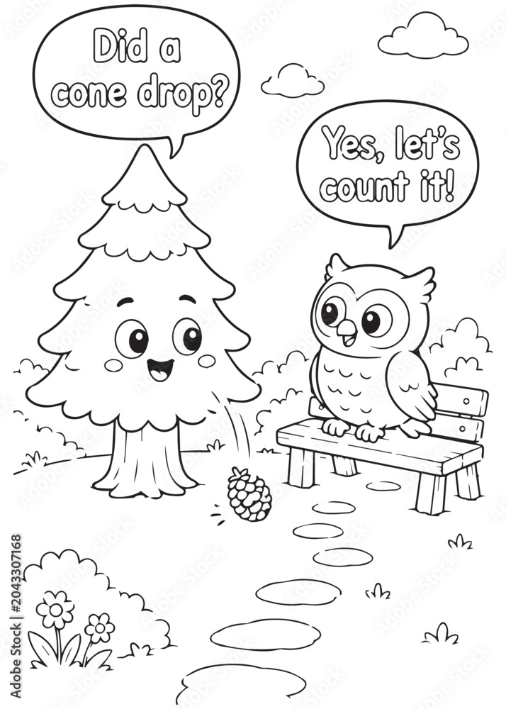 Fototapeta premium coloring book owl counting a fallen cone along the forest path