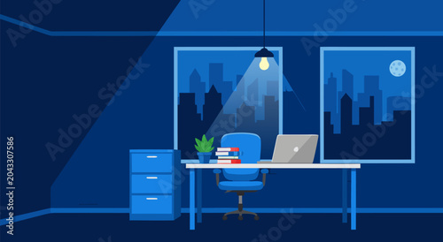 Canvas Print Vector illustration of a modern office workspace at night, featuring a desk with
