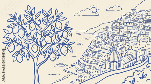 Artistic sketch vector illustration of a lush lemon tree overlooking a scenic Mediterranean coastal town like Amalfi or Sicily with vintage hand-drawn architecture and blue ocean view.