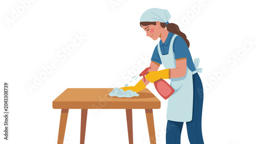 A person wearing a white apron and blue uniform cleans a wooden table using a red spray bottle creating white cleaning foam in a bright, minimalist interior space.