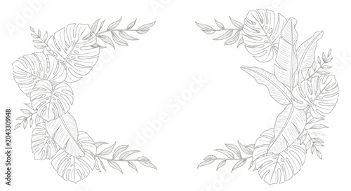 Tropical Leaves Frame, Botanical Border, Hand Drawn Sketch Style