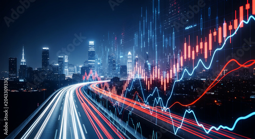 Neon city skyline with light trails and glowing stock market graph night lights
