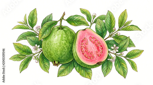 Artistic Botanical Watercolor Illustration Of Sliced Pink Guava Fruit With Green Leaves On A White Background