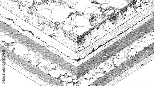 Isometric cross section of layered geological strata with varied textures and granular composition layers