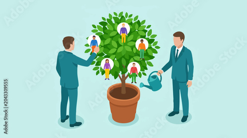 Quadro su tela Businessmen nurturing a talent tree, symbolizing human resources and growth