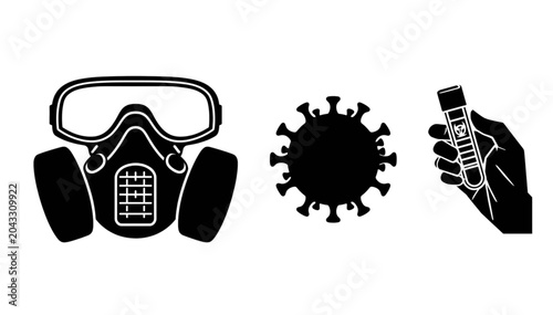 Gas mask and virus with hand holding vaccine