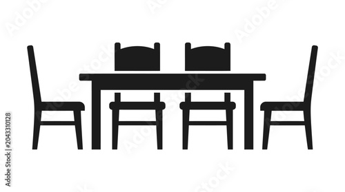 Simple black silhouette of a dining table with chairs, ready for meals.