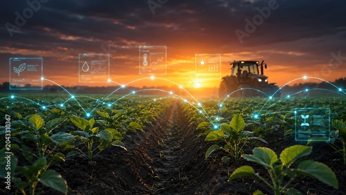 Smart farming technology concept with holographic data interface over agricultural land and tractor at sunset