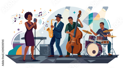 Konstfotografi Jazz Band Performing Live Music on Stage with Singer, Saxophone, Bass, and Drums