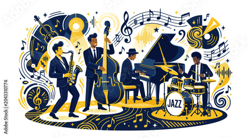 Valokuva Jazz Band Performing Live Music with Saxophone, Piano, Bass, and Drums