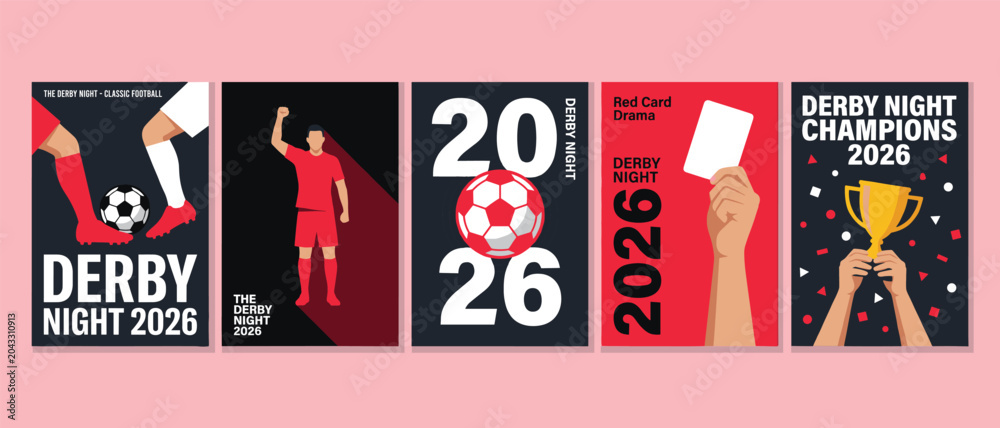 Naklejka premium Football Derby Night Poster Set Vector 2026 Soccer Championship Red Card Match Day Player Celebration Flat Bold Graphic Design Template 