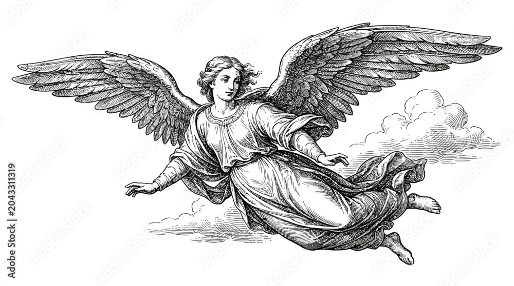 Naklejka premium Ethereal biblical celestial angel soaring through heaven, classic vintage woodcut engraving illustration, divine renaissance religious figure, isolated black white outline vector etching artwork.